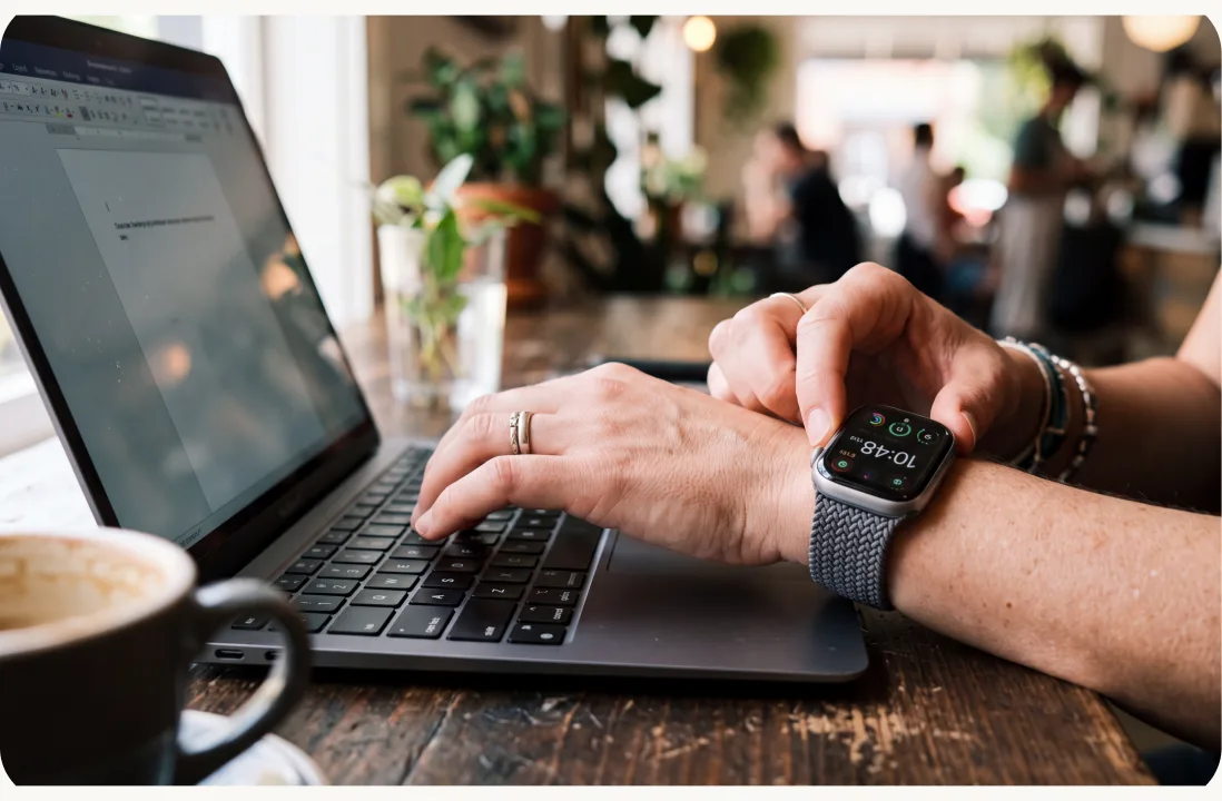 Hands typing on a laptop, wearing a smartwatch