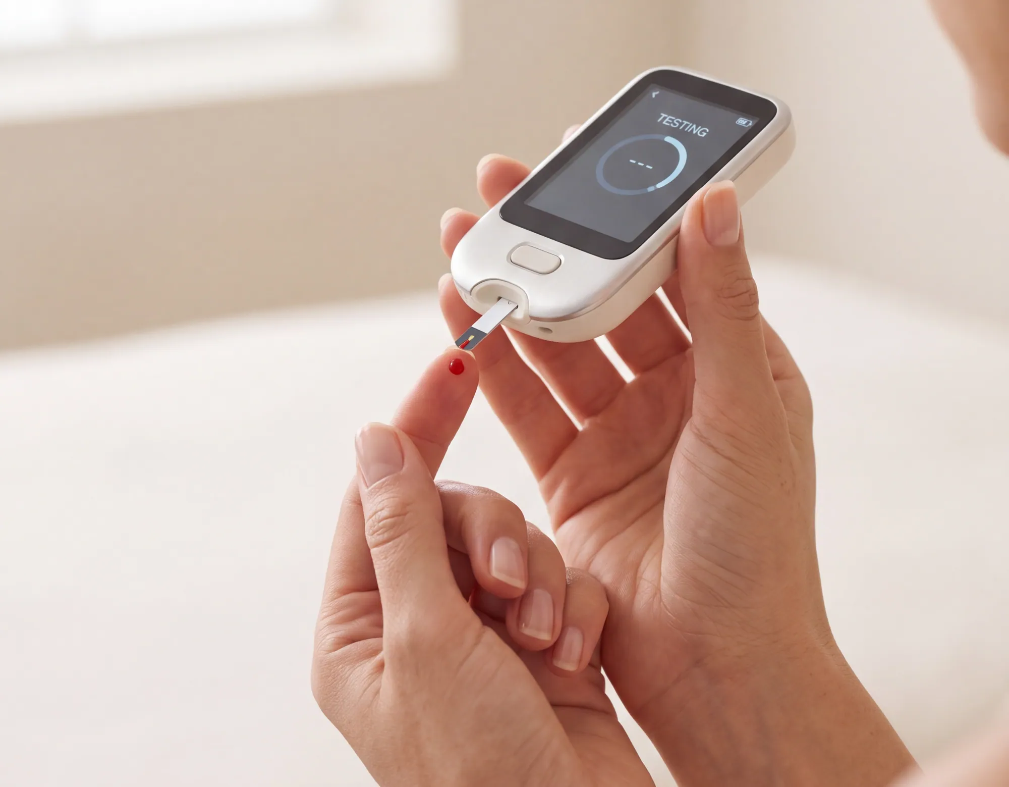 A hand holding a small handheld test reader