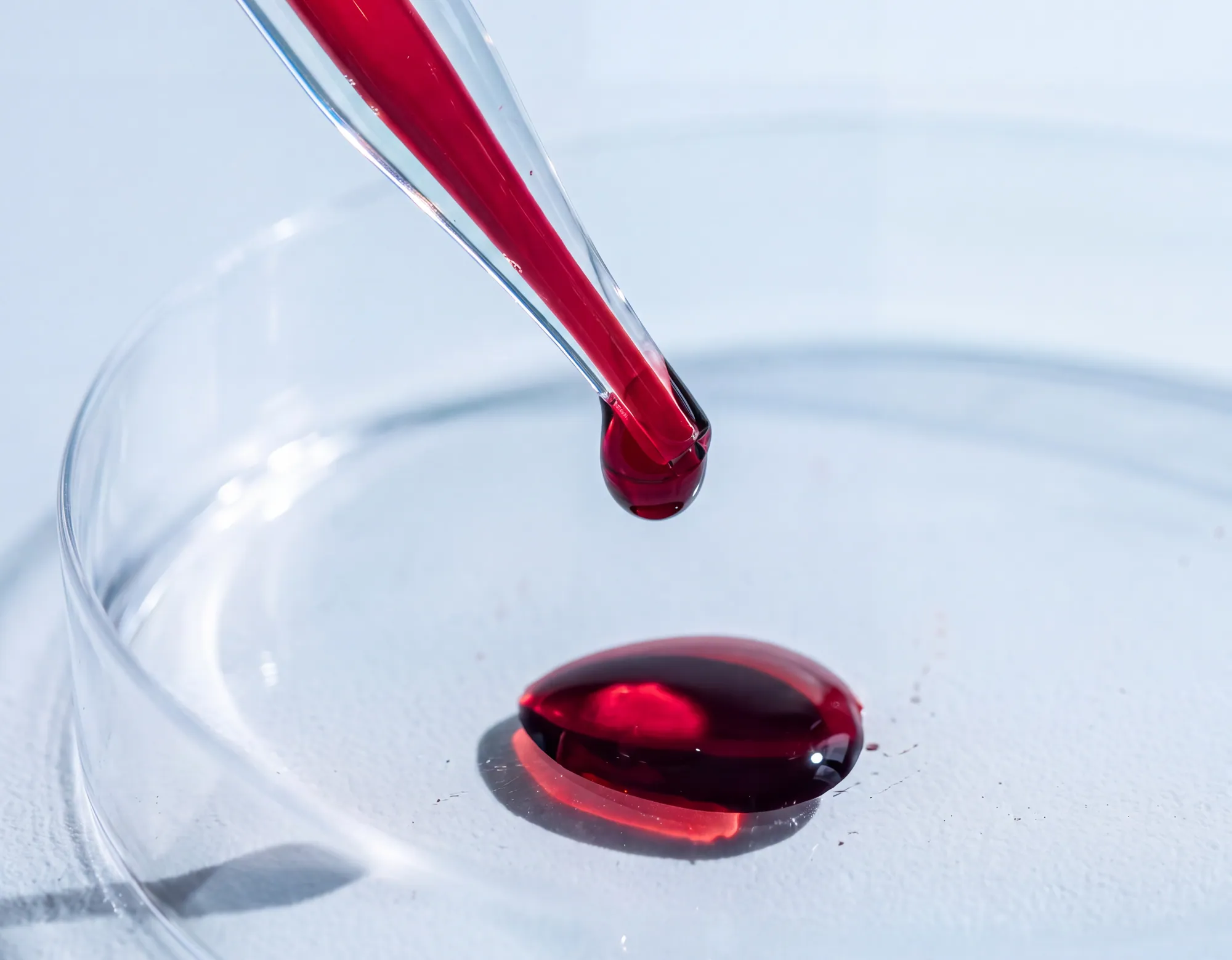 A pipette releasing a drop of blood into a dish