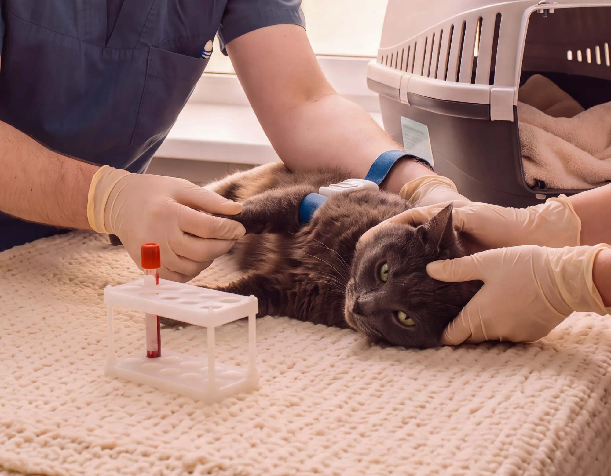 A vet examining a cat on the table